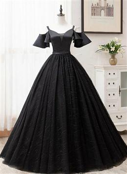 Picture of Black Color Satin and Tulle Ball Gown Off Shoulder Evening Dresses Party Gown, Black Color Long Formal Dresses